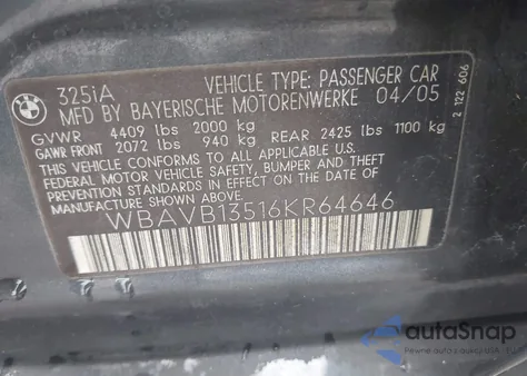 2006 BMW 325I z USA, uszkodzony, nr VIN WBAVB13516KR64646